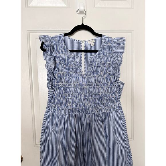 J. Crew Dress Womens Large Smocked Flutter-Sleeve Midi Blue White Womens Resort - Picture 3 of 8